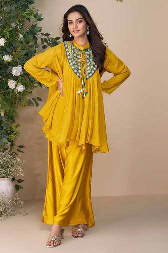 Mustard embroidery, printed & hand work chinnon silk poncho style top palazzo suit - free size stitching (size upto 42")