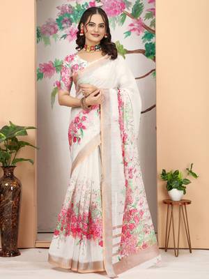 Off white linen cotton digital printed saree 1
