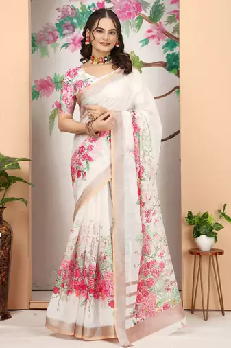 Off white linen cotton digital printed saree