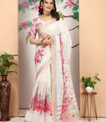 Off white linen cotton digital printed saree