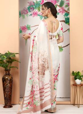 Off white linen cotton digital printed saree 2