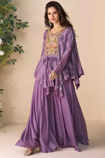 Purple embroidery, printed & hand work chinnon silk poncho style top palazzo suit - free size stitching (size upto 42")