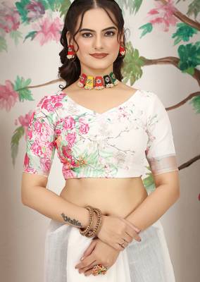 Off white linen cotton digital printed saree 3