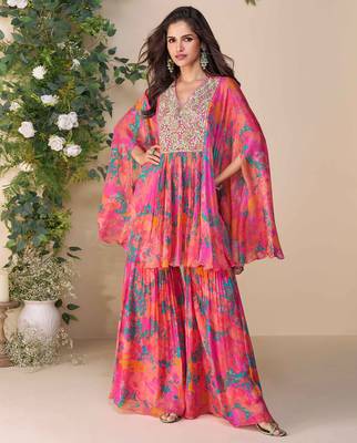 Peach embroidery, printed & hand work chinnon silk poncho style top palazzo suit - free size stitching (size upto 42") 1