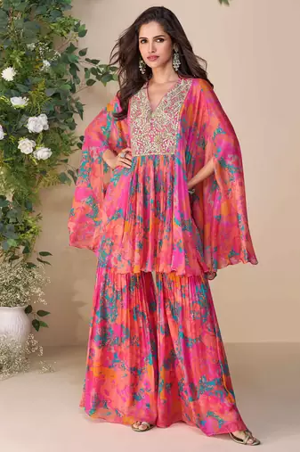 Peach embroidery, printed & hand work chinnon silk poncho style top palazzo suit - free size stitching (size upto 42")