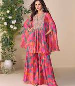 Peach embroidery, printed & hand work chinnon silk poncho style top palazzo suit - free size stitching (size upto 42")