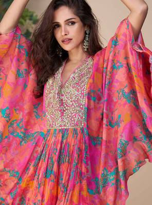 Peach embroidery, printed & hand work chinnon silk poncho style top palazzo suit - free size stitching (size upto 42") 2