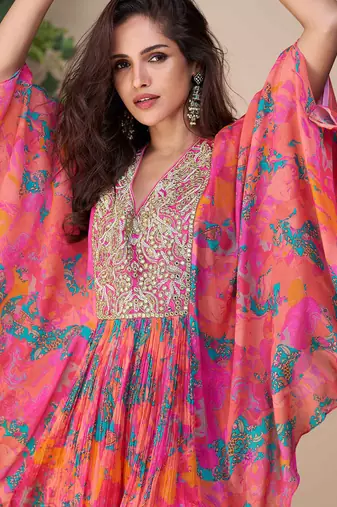 Peach embroidery, printed & hand work chinnon silk poncho style top palazzo suit - free size stitching (size upto 42")