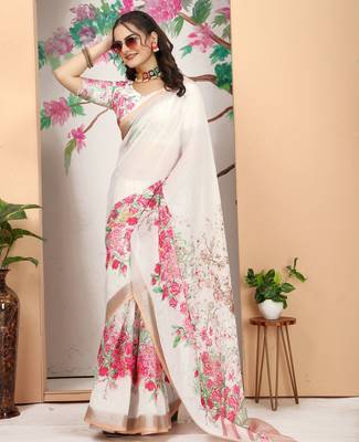 Off white linen cotton digital printed saree 5