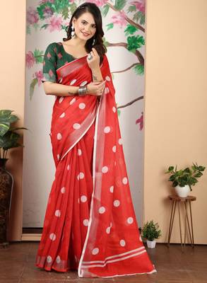 Red linen cotton digital printed saree 1