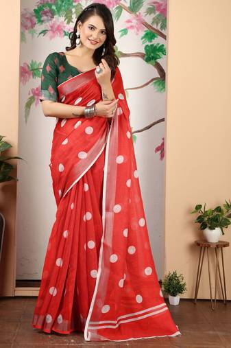 Red linen cotton digital printed saree