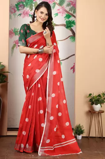 Red linen cotton digital printed saree