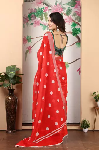 Red linen cotton digital printed saree