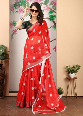 Red linen cotton digital printed saree 5