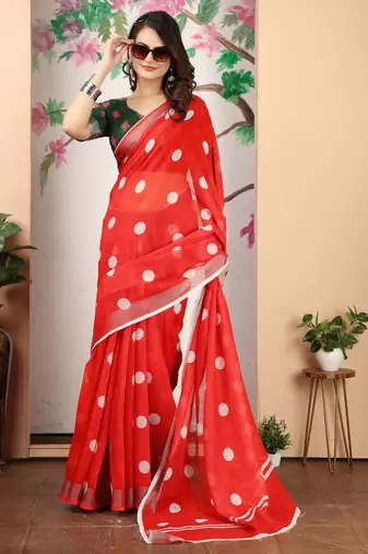 Red linen cotton digital printed saree
