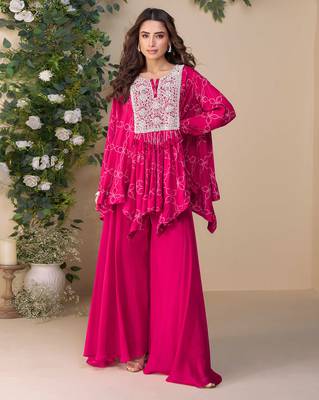 Rani pink embroidery & hand work chinnon silk poncho style top palazzo suit - free size(size upto 42") 1