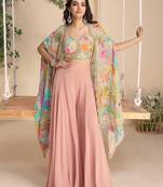 Multicolor embroidery & printed jacket work chinnon silk blouse dhoti suit - free size(size upto 42")