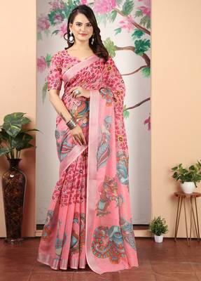 Pink linen cotton digital printed saree 1