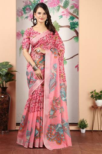 Pink linen cotton digital printed saree