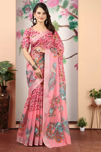 Pink linen cotton digital printed saree