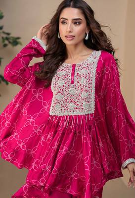 Rani pink embroidery & hand work chinnon silk poncho style top palazzo suit - free size(size upto 42") 2