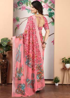Pink linen cotton digital printed saree 2