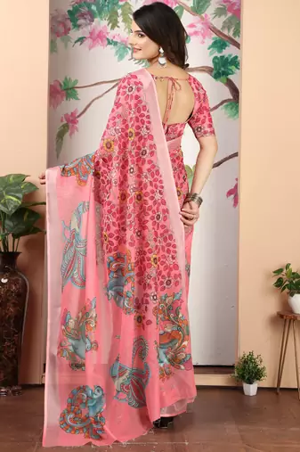 Pink linen cotton digital printed saree