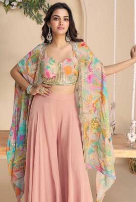 Multicolor embroidery & printed jacket work chinnon silk blouse dhoti suit - free size(size upto 42") 2