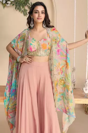 Multicolor embroidery & printed jacket work chinnon silk blouse dhoti suit - free size(size upto 42")