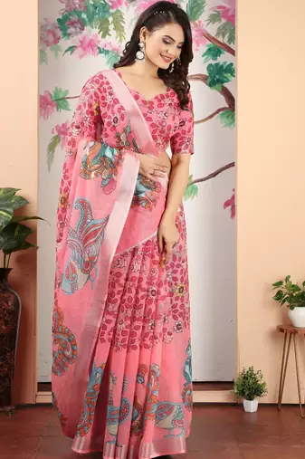 Pink linen cotton digital printed saree