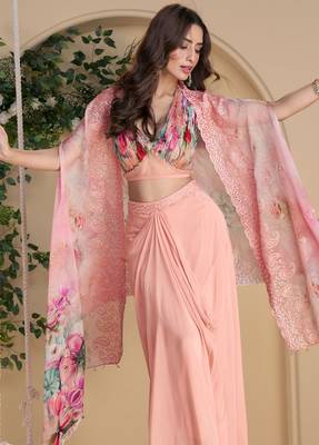 Pink embroidery zari & printed jacket work chinnon silk blouse dhoti suit - free size(size upto 42") 2