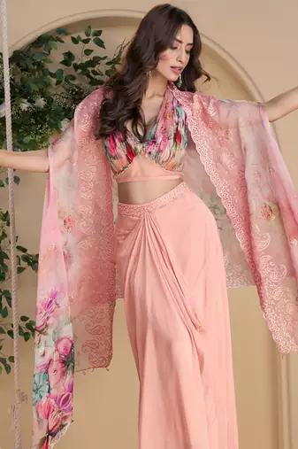 Pink embroidery zari & printed jacket work chinnon silk blouse dhoti suit - free size(size upto 42")