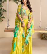 Yellow embroiderysequins & printed jacket work chinnon silk blouse dhoti suit - free size(size upto 42")