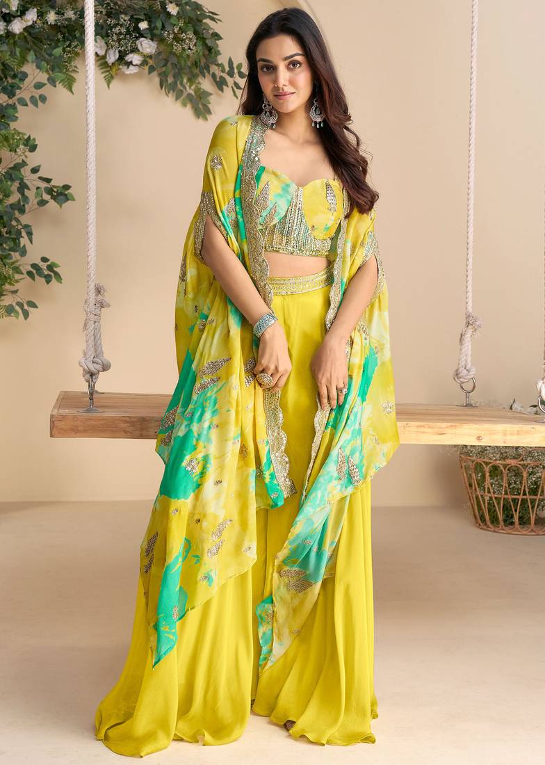 Yellow embroidery,sequins & printed jacket work chinnon silk  blouse dhoti suit - free size stitching (size upto 42")