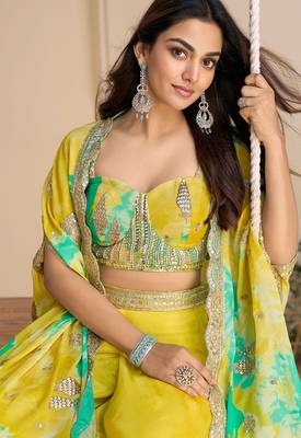 Yellow embroiderysequins & printed jacket work chinnon silk blouse dhoti suit - free size(size upto 42") 2
