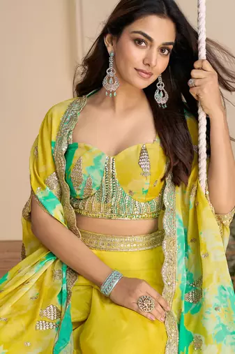 Yellow embroiderysequins & printed jacket work chinnon silk blouse dhoti suit - free size(size upto 42")