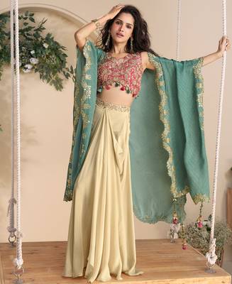 Rani pink embroidery zari&printed jacket work chinnon silk blouse dhoti suit - free size(size upto 42") 1