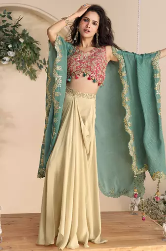 Rani pink embroidery, zari,&printed jacket work chinnon silk  blouse dhoti suit - free size stitching (size upto 42")