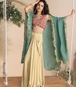 Rani pink embroidery zari&printed jacket work chinnon silk blouse dhoti suit - free size(size upto 42")