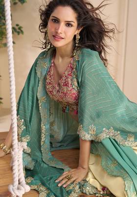 Rani pink embroidery zari&printed jacket work chinnon silk blouse dhoti suit - free size(size upto 42") 2