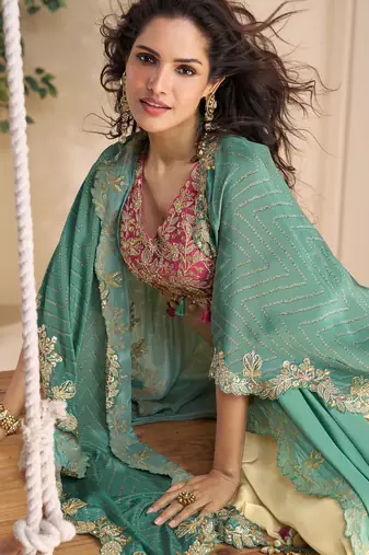 Rani pink embroidery zari&printed jacket work chinnon silk blouse dhoti suit - free size(size upto 42")