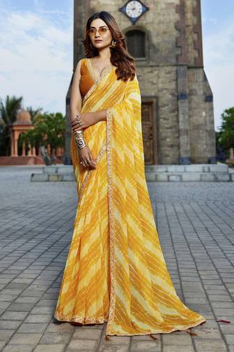 Yellow georgette bandhani saree