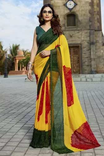 Yellow georgette bandhani saree