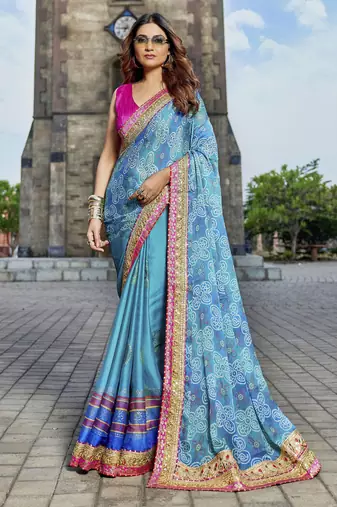 Blue georgette bandhani saree