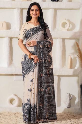 Black linen cotton saree