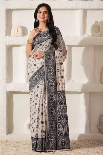 Black linen cotton saree