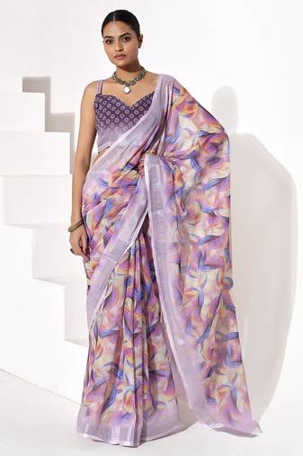 Purple cotton blend printed saree