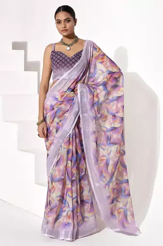 Purple cotton blend printed saree