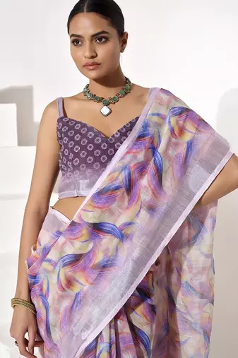 Purple cotton blend printed saree