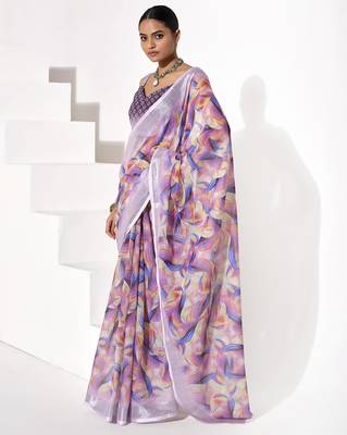 Purple cotton blend printed saree 4